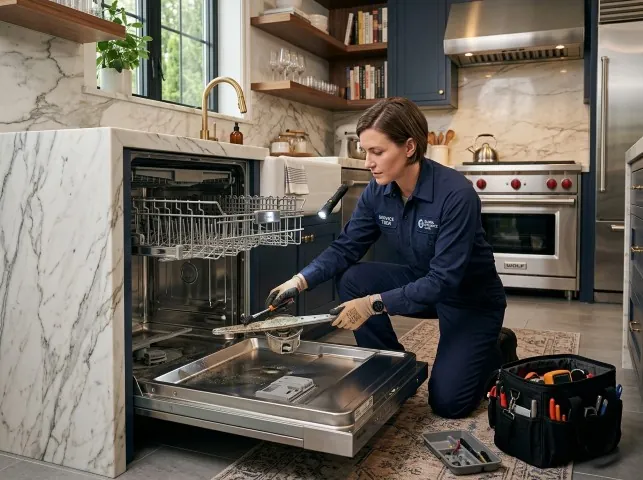 Appliance Repair Hero technician servicing a built-in dishwasher in a Bland, VA kitchen