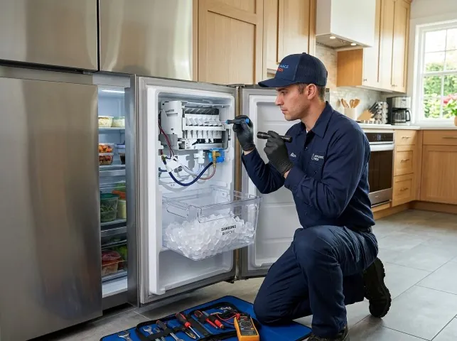 Appliance Repair Hero technician repairing a refrigerator ice maker in Bland, VA