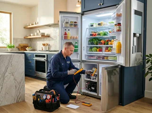 Appliance Repair Hero refrigerator technician testing a fridge on a Bland, VA service call